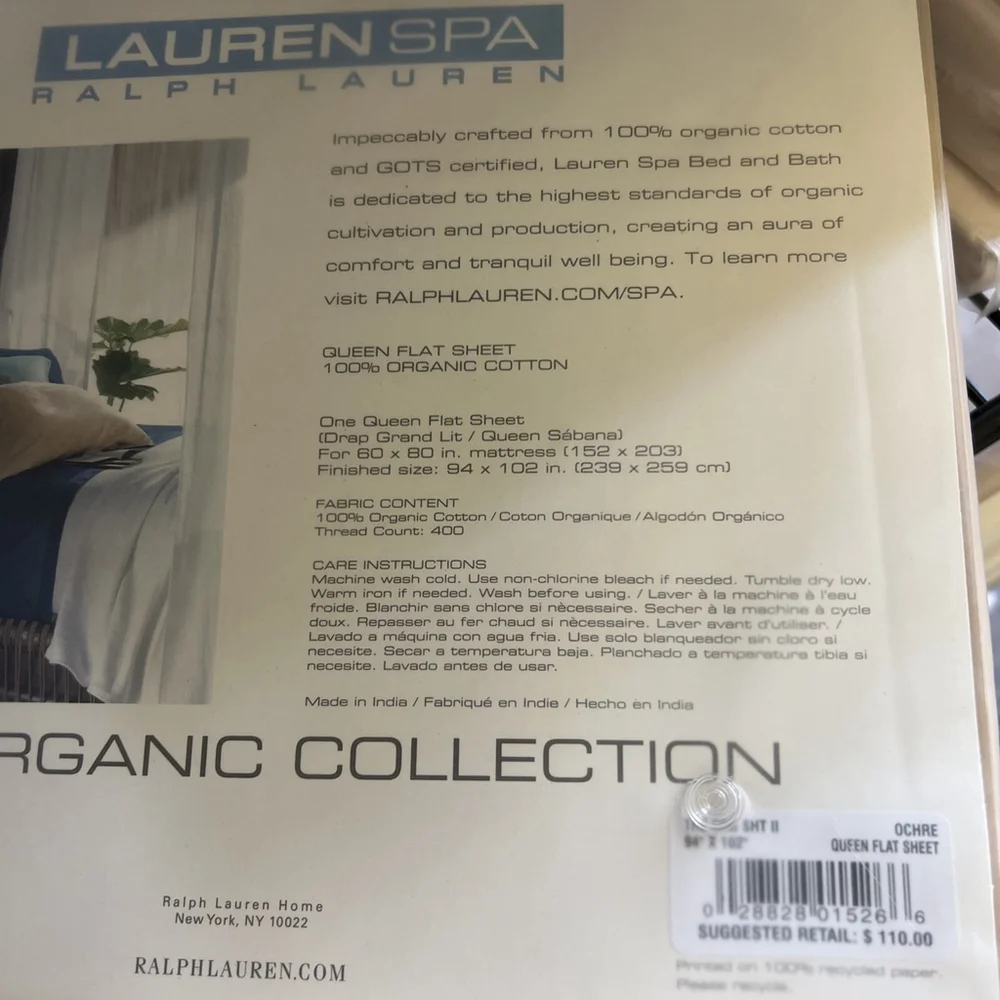 Ralph Lauren Spa Organic Queen Flat Sheet & 2 Std Pillowcases Ochre Gold New Vtg